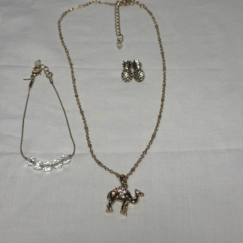 Gold Camel Pendant Necklace and Pineapple Earrings Set